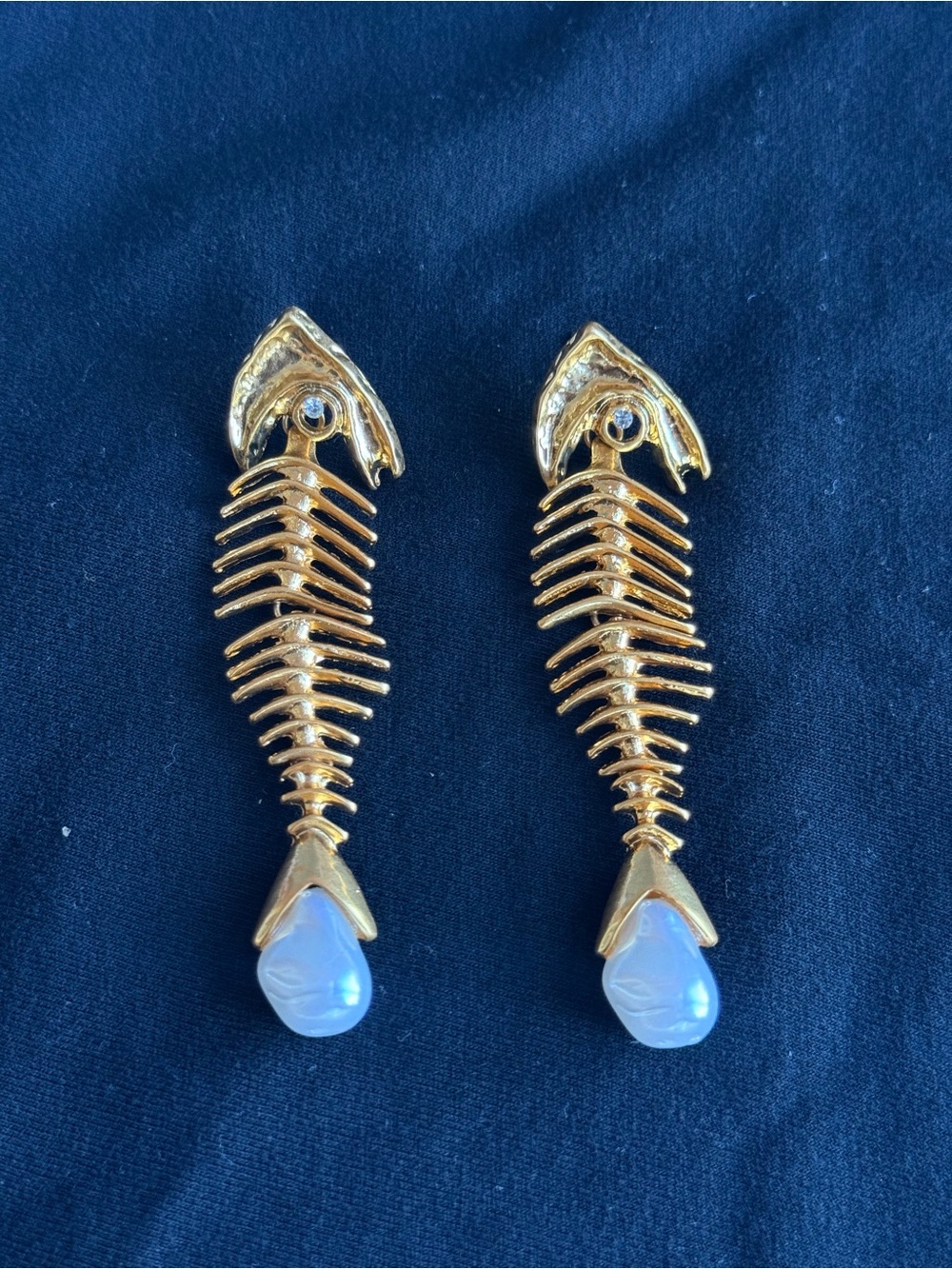 Schiaparelli Inspired Gold Fishbone Drop Earrings with Pearl Teardrop